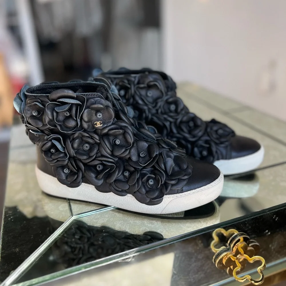 CHANEL Leather Camellia High Top Sneaker size 36